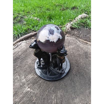 Egyptian Bastet Cat Guardian Pentacle Sphere Holder – Triple Feline Protection for Crystals &amp; Altars