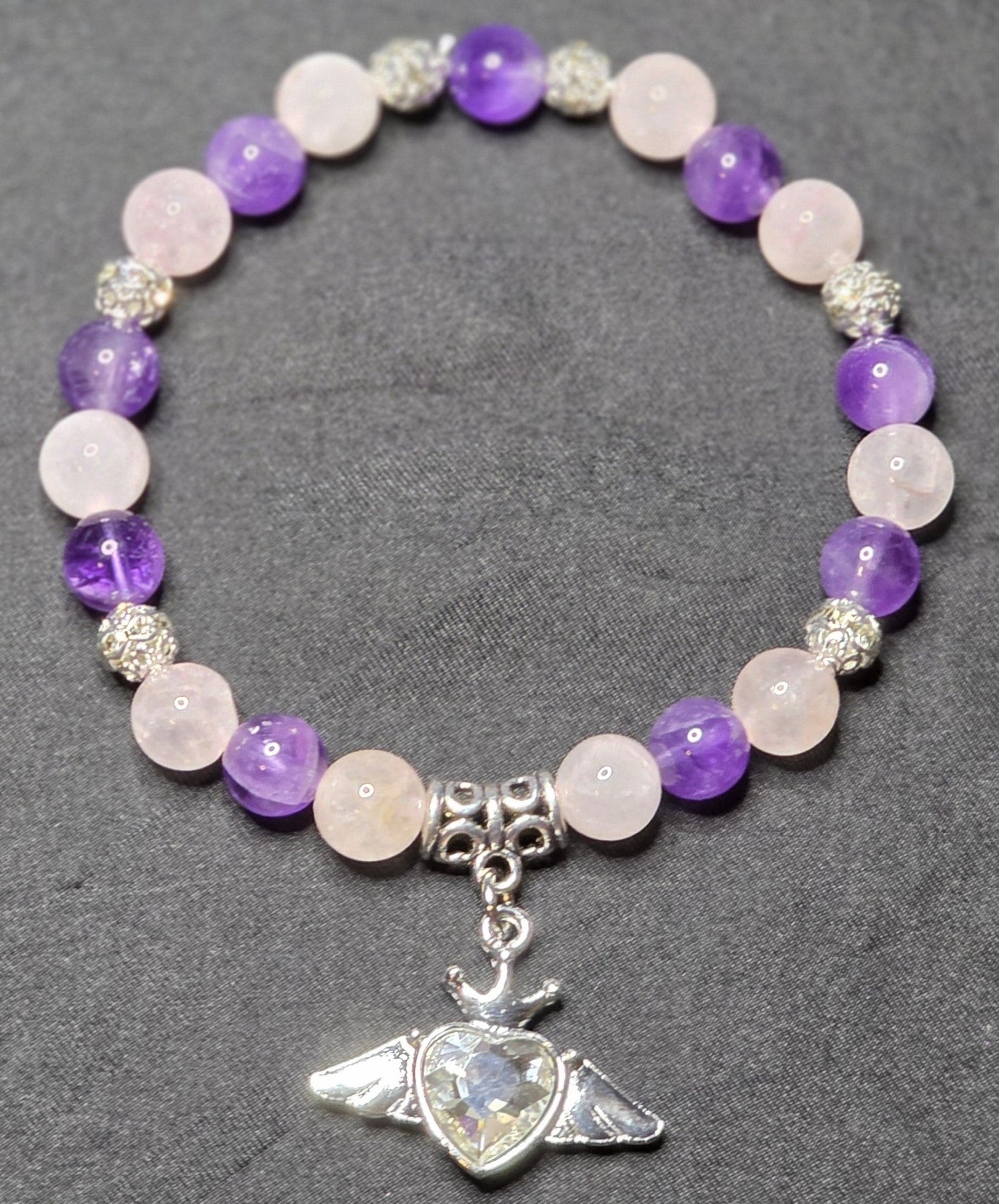 Amethyst and Rose Quartz Bracelet with Winged Heart