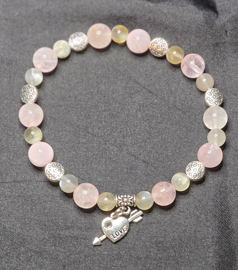 Gray Moonstone and Rose Quartz Bracelet with Heart/ Arrow