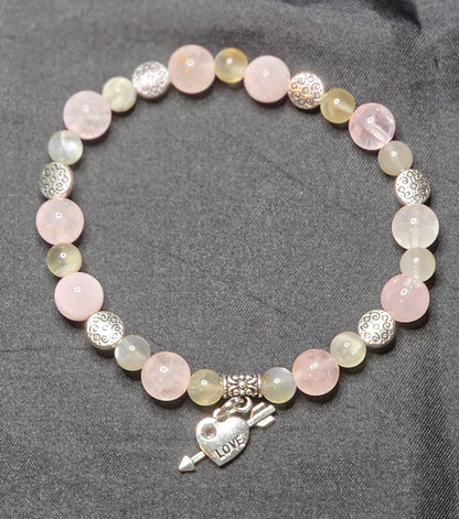 Gray Moonstone and Rose Quartz Bracelet with Heart/ Arrow