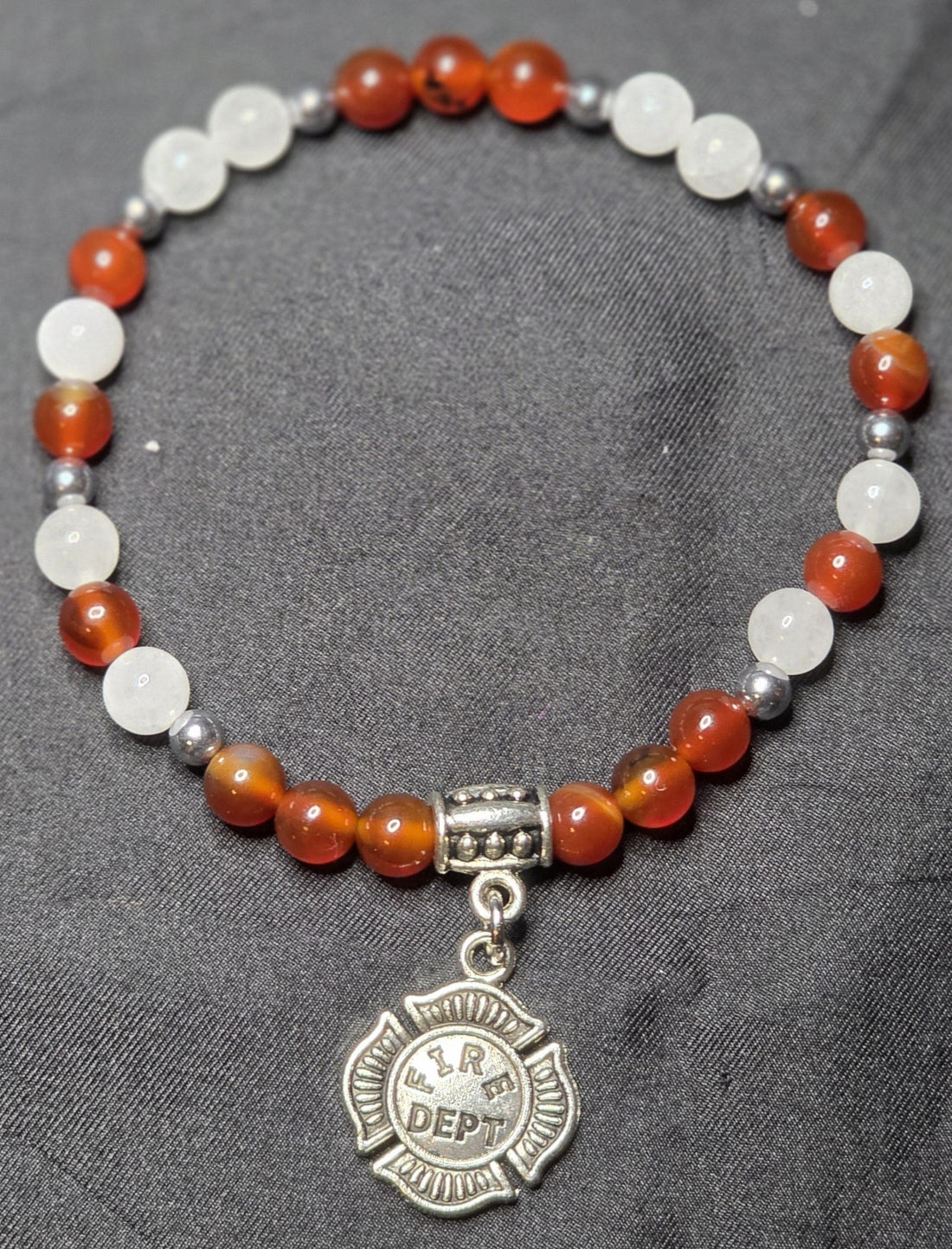 Hematite, Red Agate, and White Jade Bracelet with Firefighter