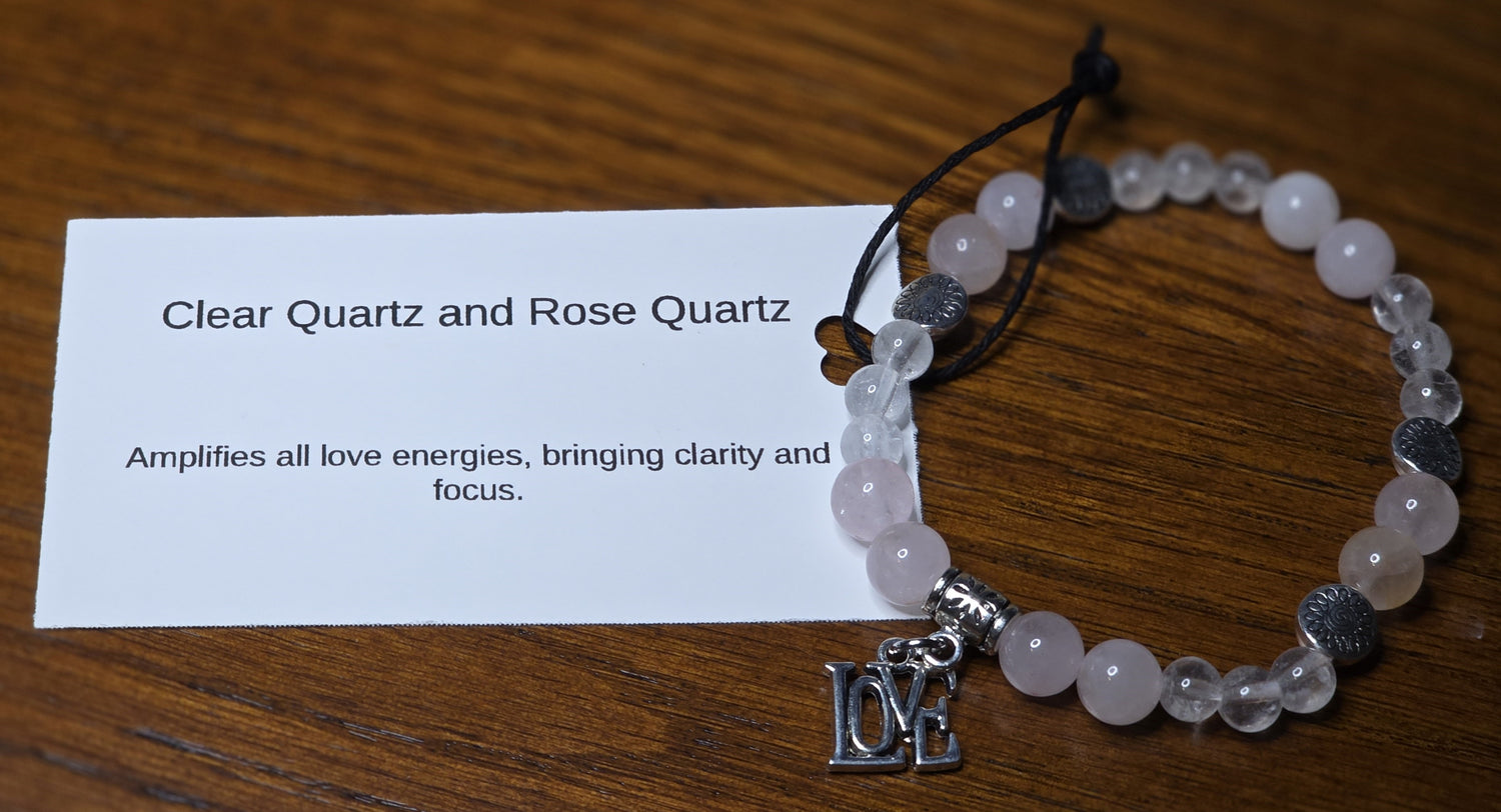 Clear Quartz and Rose Quartz Bracelet with LOVE