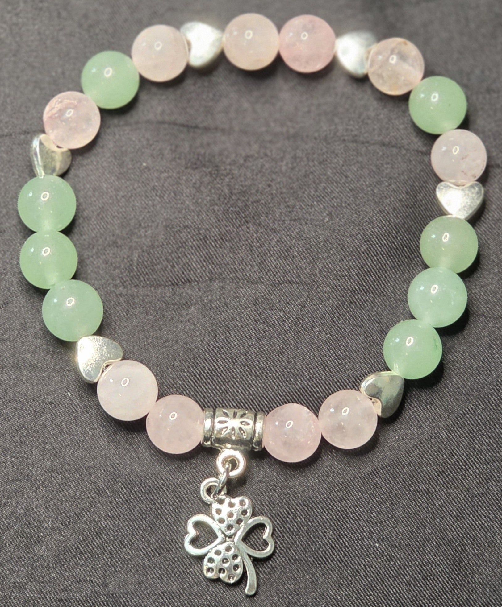 Green Aventurine and Rose Quartz Bracelet with Clover