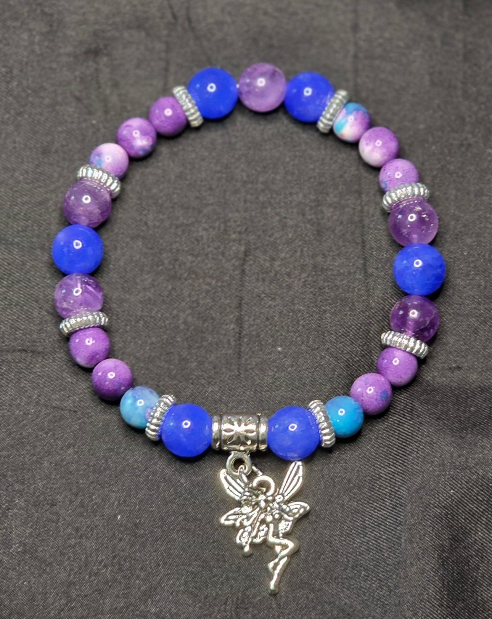 Amethyst, Blue Kyanite, and Dyed Jade Bracelet with Fairy