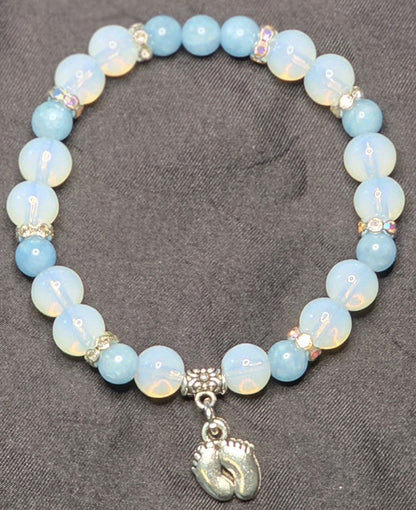Blue Chalcedony and Opalite Bracelet with Baby Boy Feet
