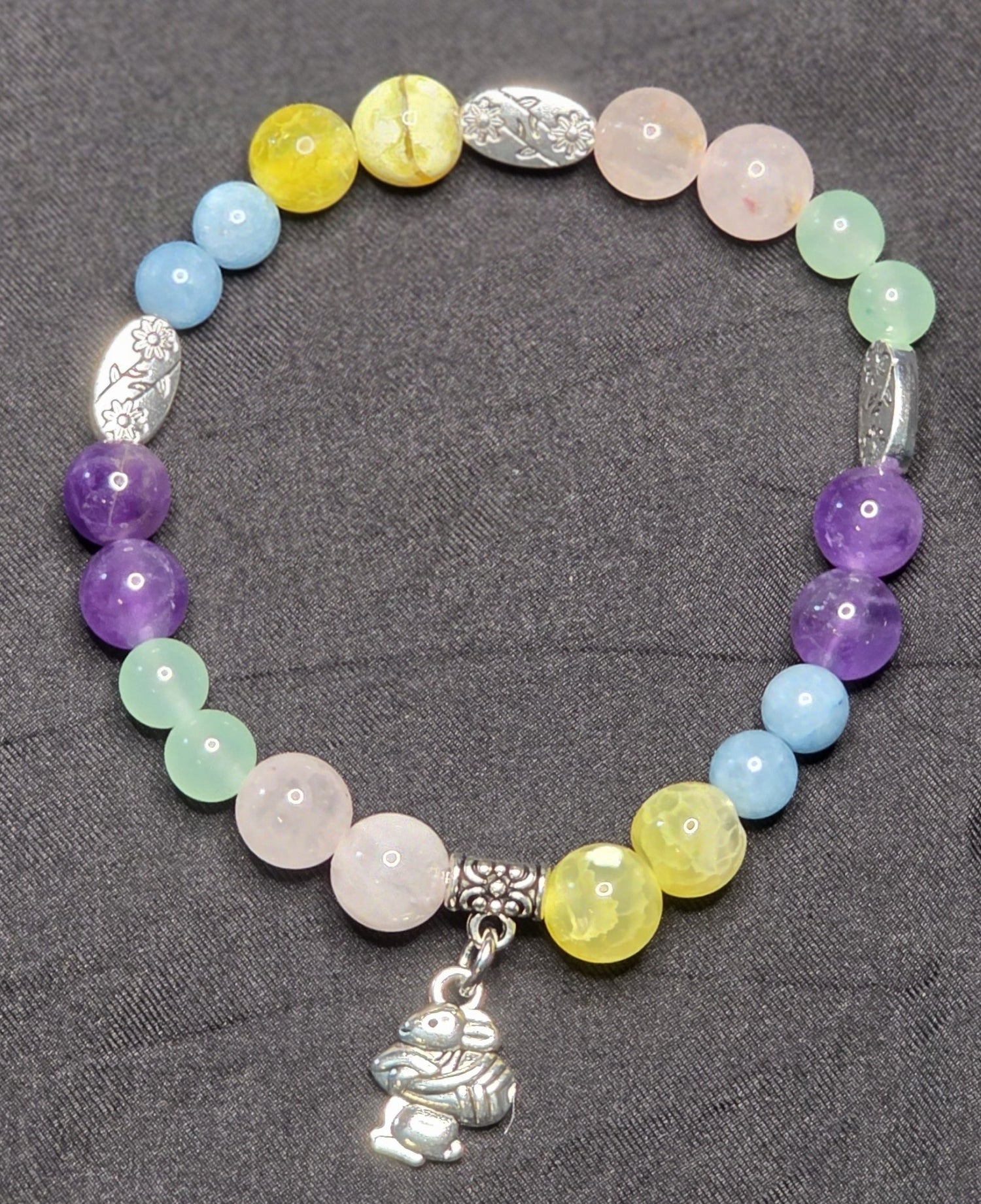 Amethyst, Blue Chalcedony, Dyed Yellow Agate, Green Chalcedony, and Rose Quartz Bracelet with Easter Bunny