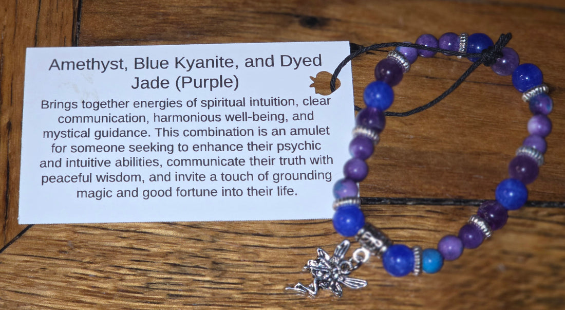 Amethyst, Blue Kyanite, and Dyed Jade Bracelet with Fairy