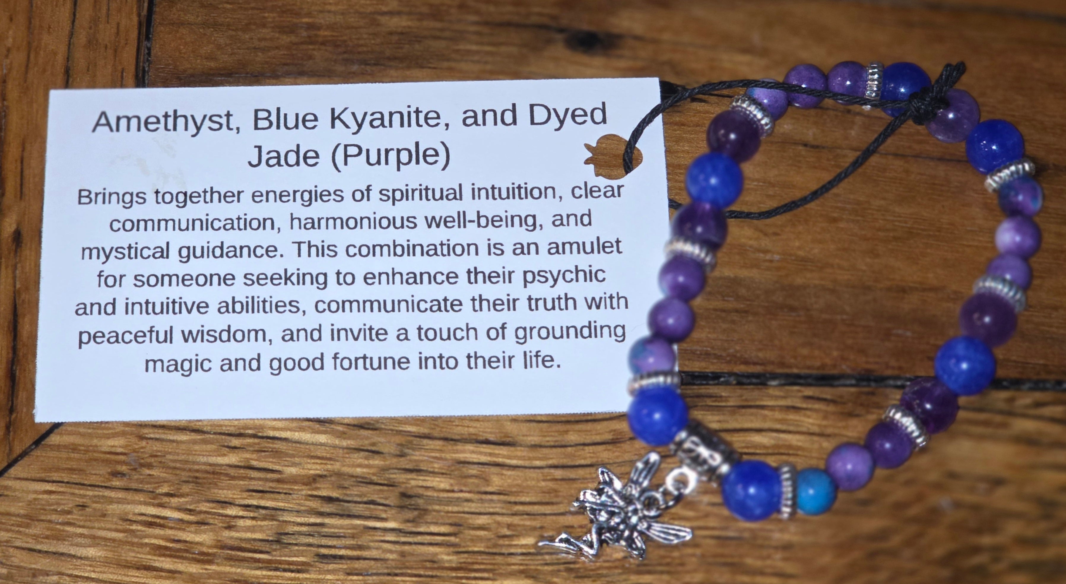 Amethyst, Blue Kyanite, and Dyed Jade Bracelet with Fairy