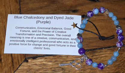 Blue Chalcedony and Dyed Jade (Purple) Bracelet with Scissors