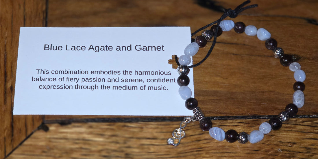 Blue Lace Agate and Garnet Bracelet with Music Symbol