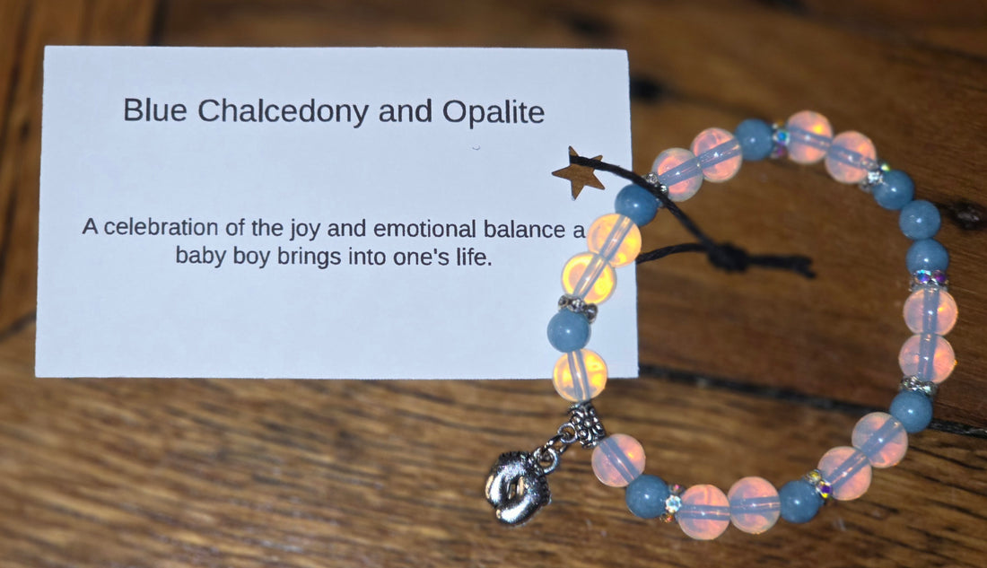 Blue Chalcedony and Opalite Bracelet with Baby Boy Feet