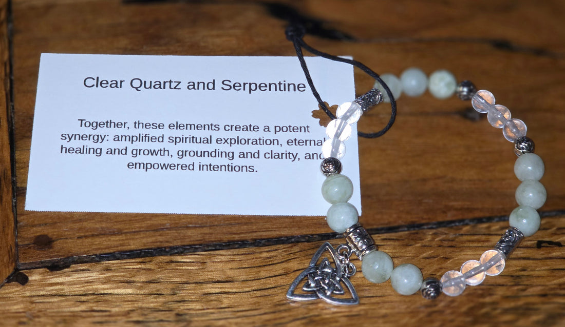Clear Quartz and Serpentine Bracelet with Celtic Knot