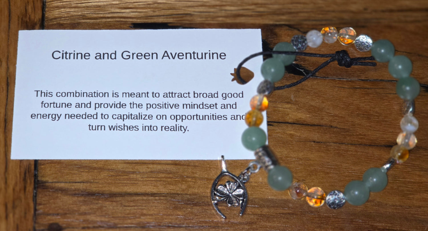Citrine and Green Aventurine Bracelet with Clover and Wishbone