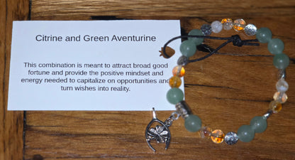 Citrine and Green Aventurine Bracelet with Clover and Wishbone