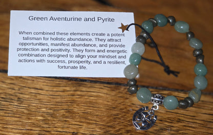 Green Aventurine and Pyrite Bracelet with Clover and Horseshoe