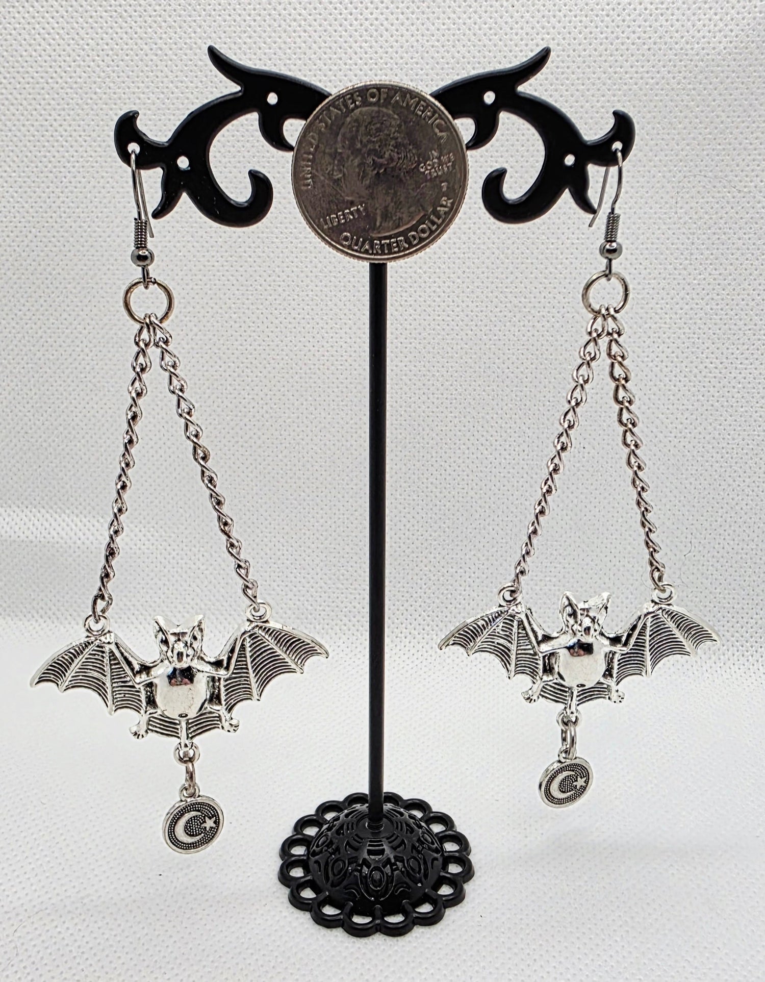 Mystical Silver Bat Earrings with Chain