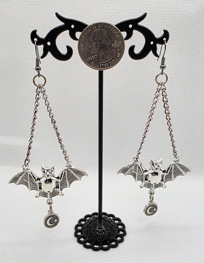 Mystical Silver Bat Earrings with Chain