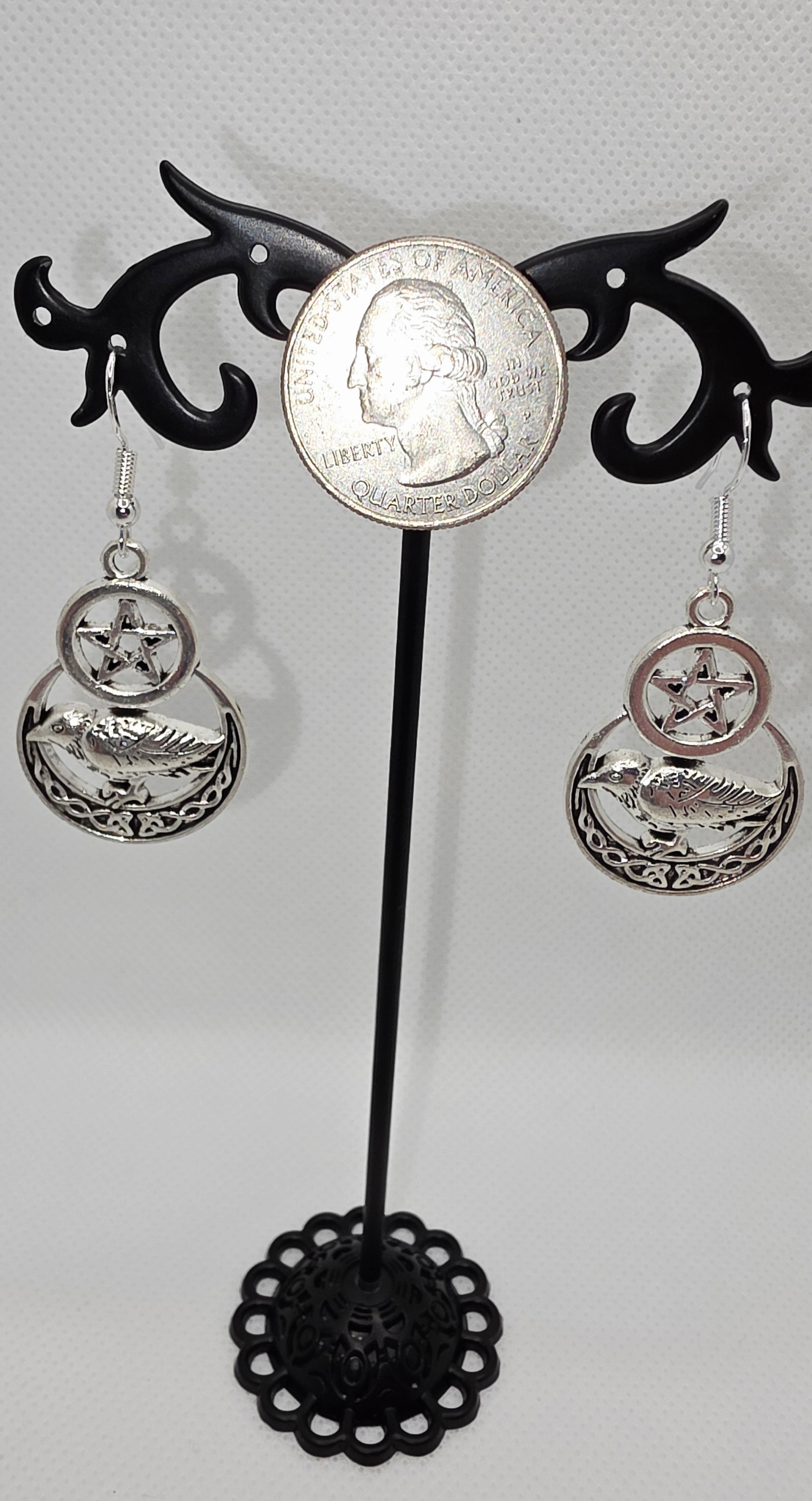 Mystical Silver Pentagram &amp; Raven Earrings