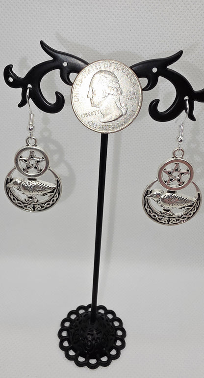 Mystical Silver Pentagram &amp; Raven Earrings