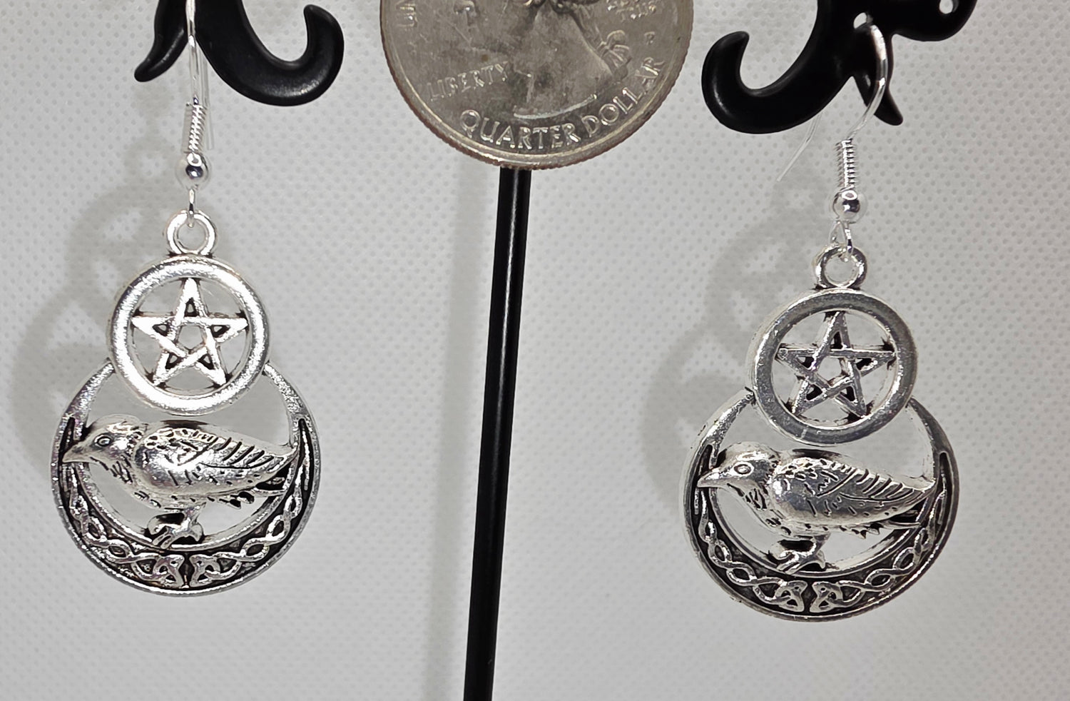 Mystical Silver Pentagram &amp; Raven Earrings
