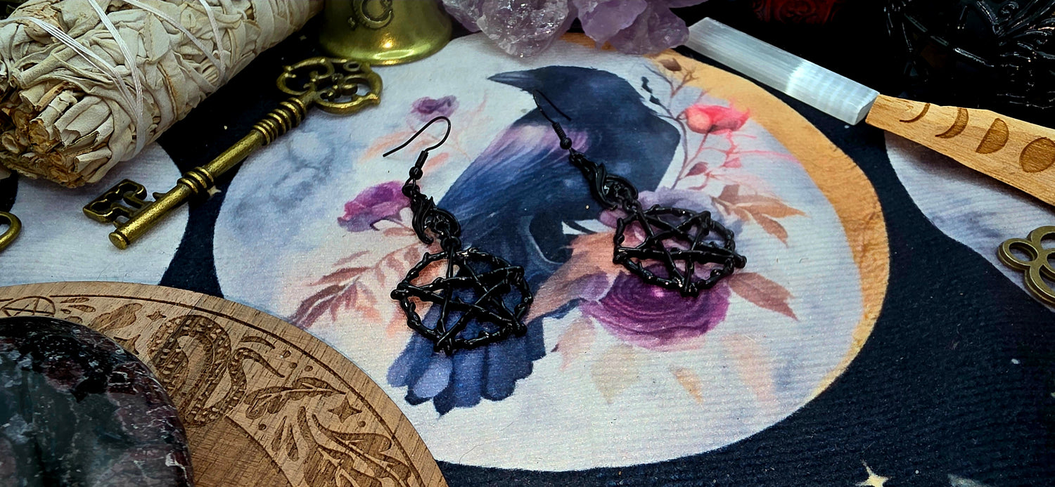 Black Bat &amp; Pentagram Gothic Earrings