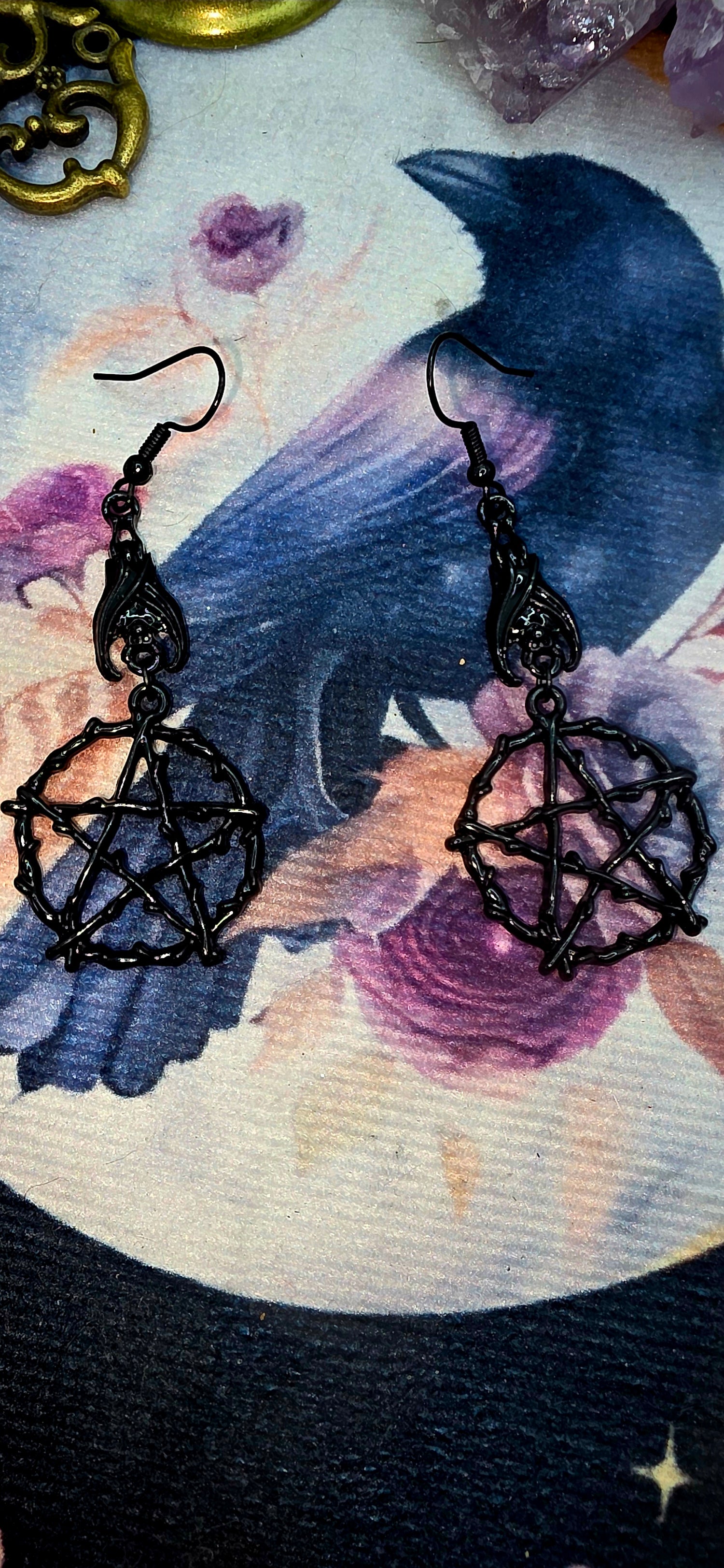 Black Bat &amp; Pentagram Gothic Earrings