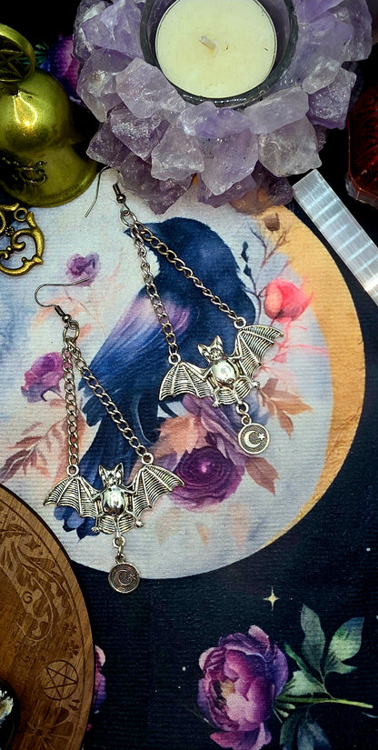 Mystical Silver Bat Earrings with Chain
