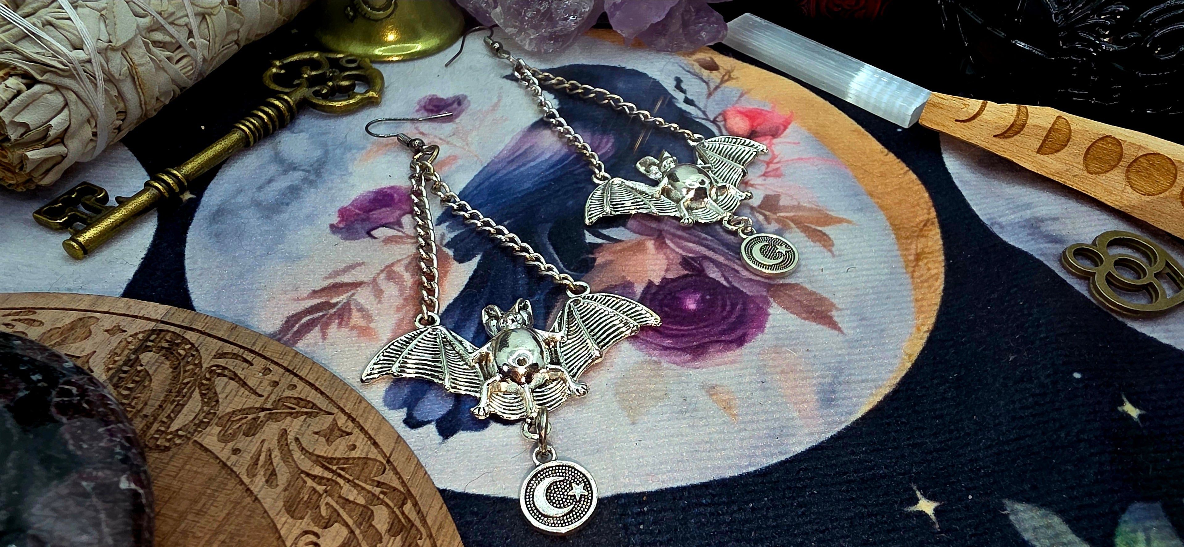 Mystical Silver Bat Earrings with Chain
