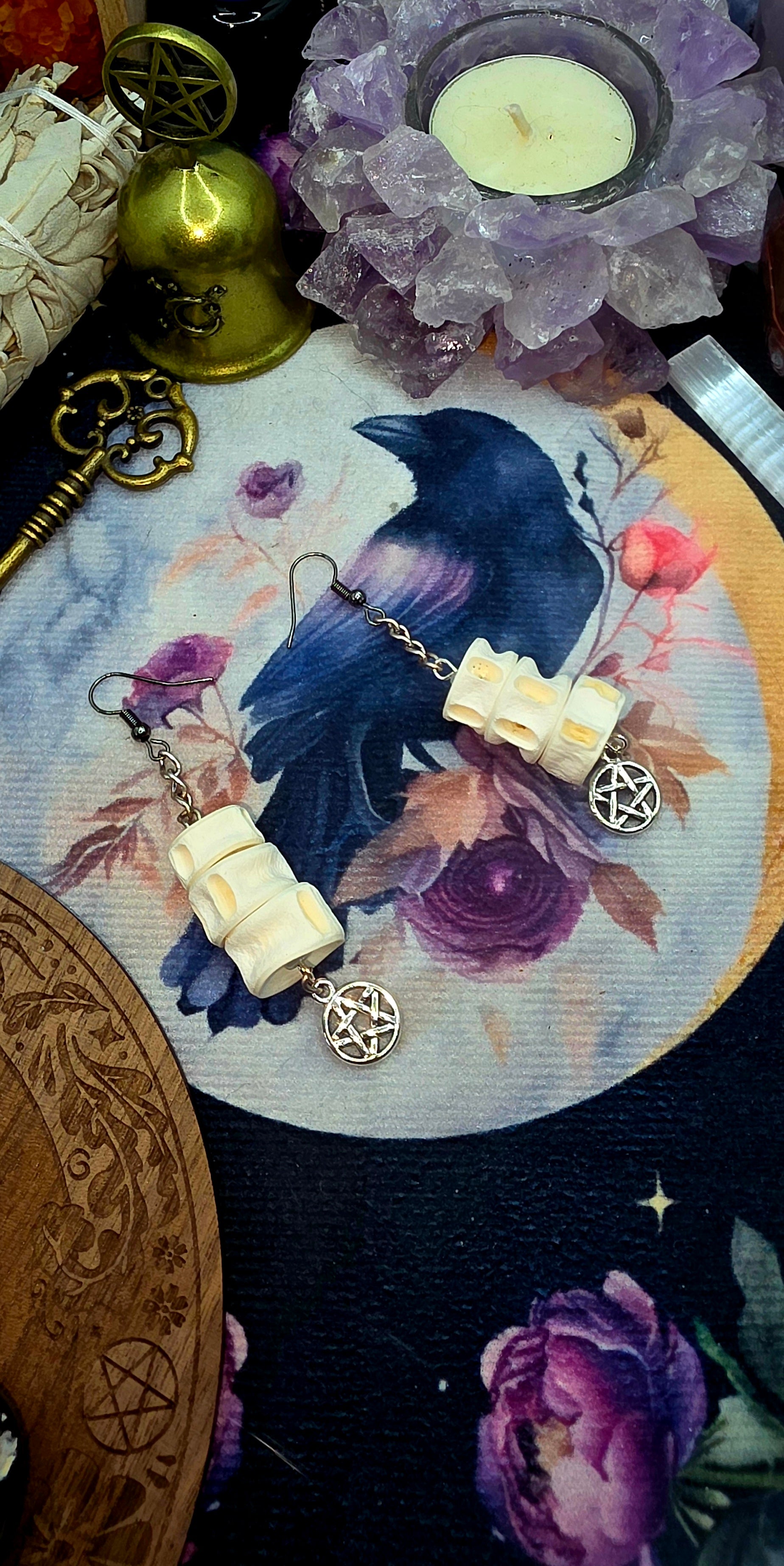 Mystical Fish Bone &amp; Silver Pentagram Earrings