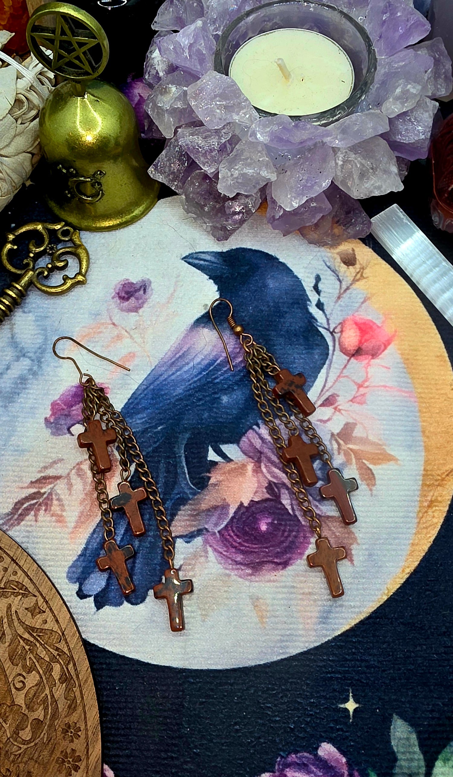 Bronze Chain Tassels with Red Jasper Crosses