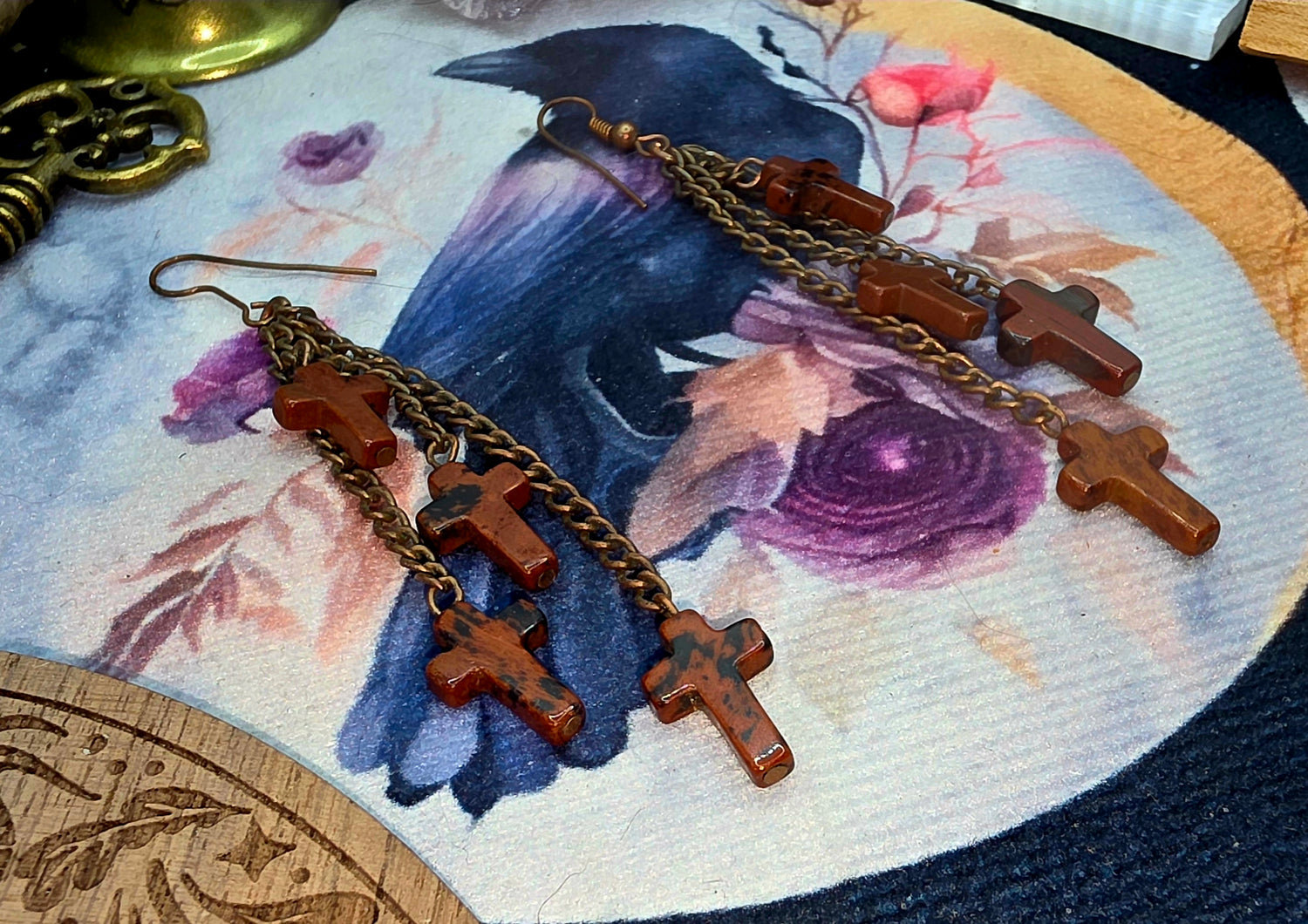 Bronze Chain Tassels with Red Jasper Crosses
