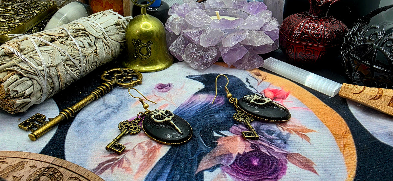 Mystic Bird Skull Cameo with Bronze Key Charm