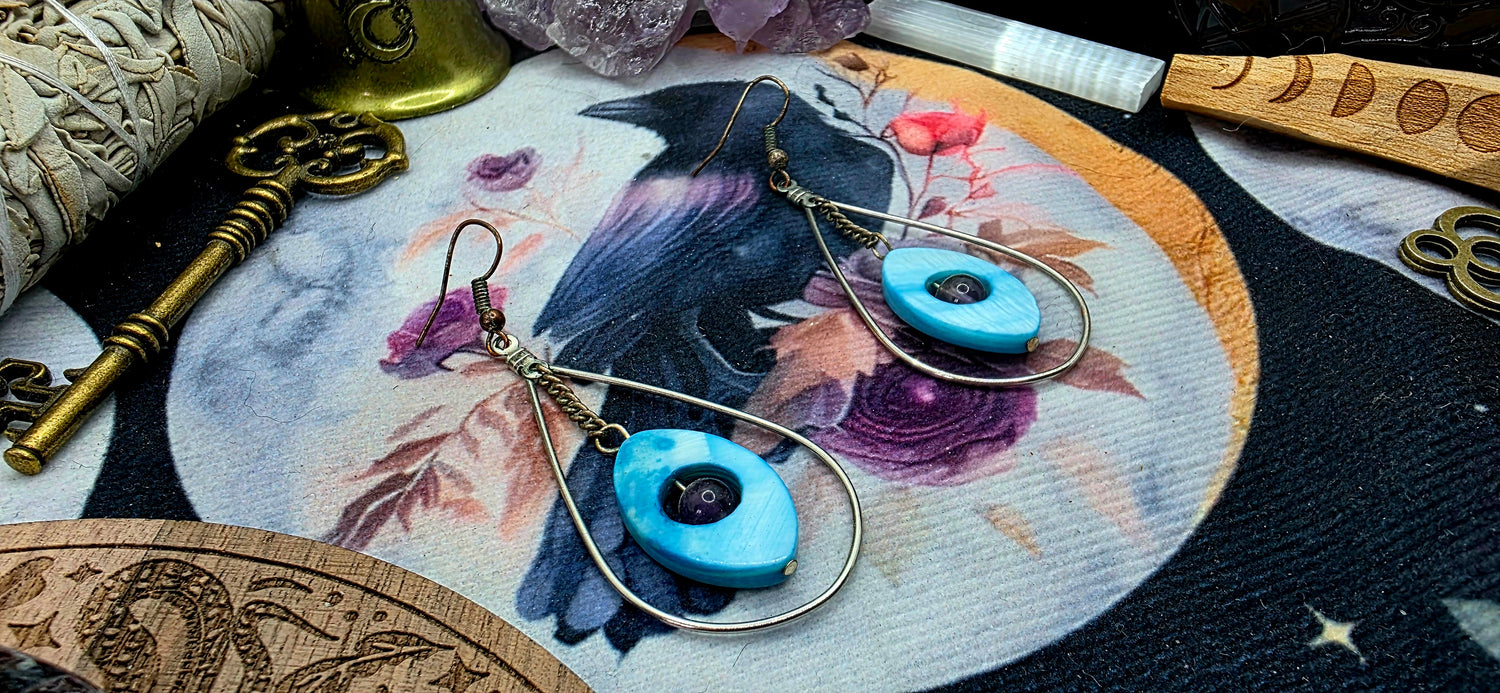 Two-Tone Amethyst Stone and Shell Earrings