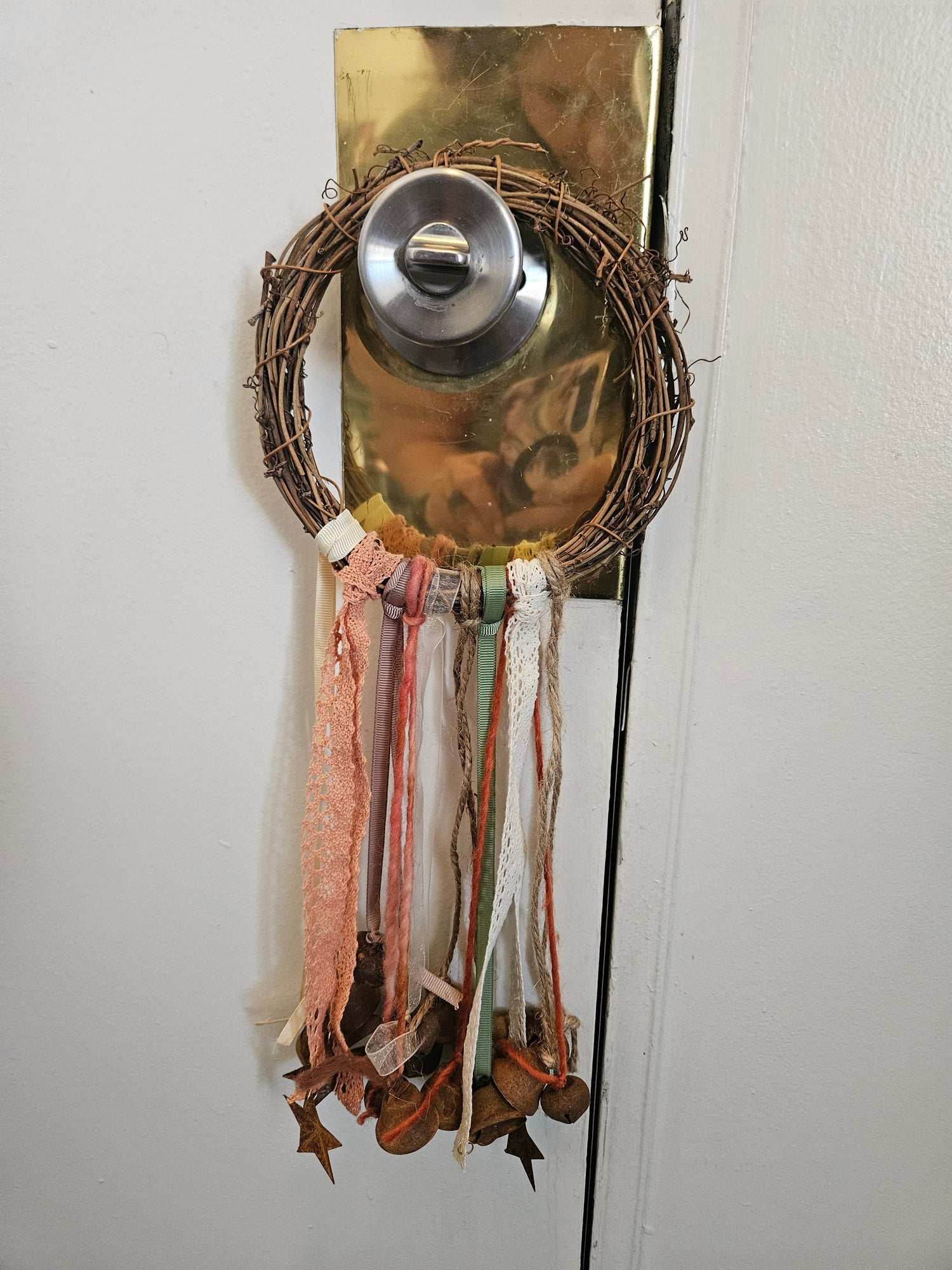 Witch Bells – Rustic Twig Wreath Charm with Ribbons &amp; Primitive Stars  Protection Decor  Door Hanger  Pagan Home Blessing