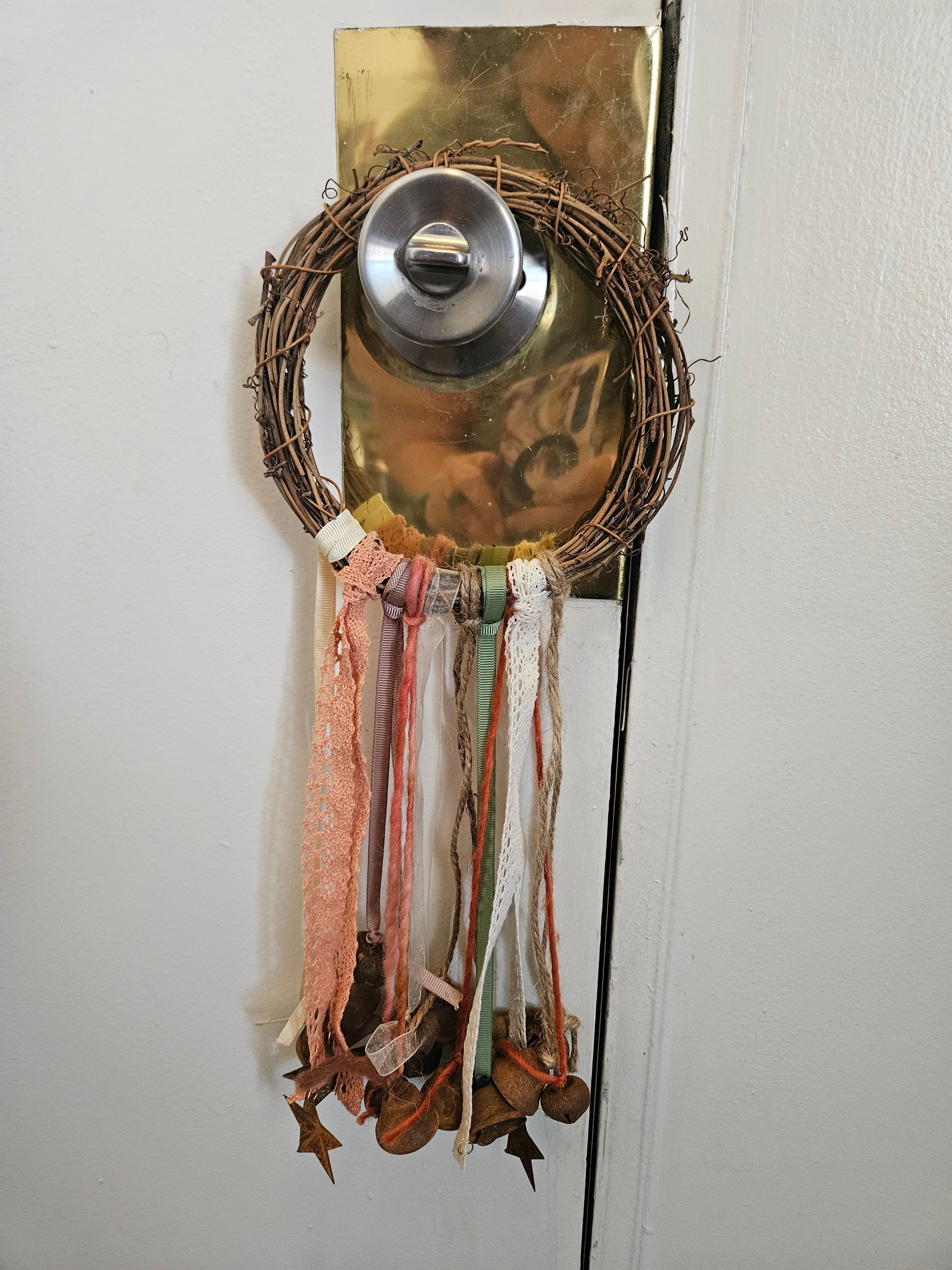 Witch Bells – Rustic Twig Wreath Charm with Ribbons &amp; Primitive Stars  Protection Decor  Door Hanger  Pagan Home Blessing