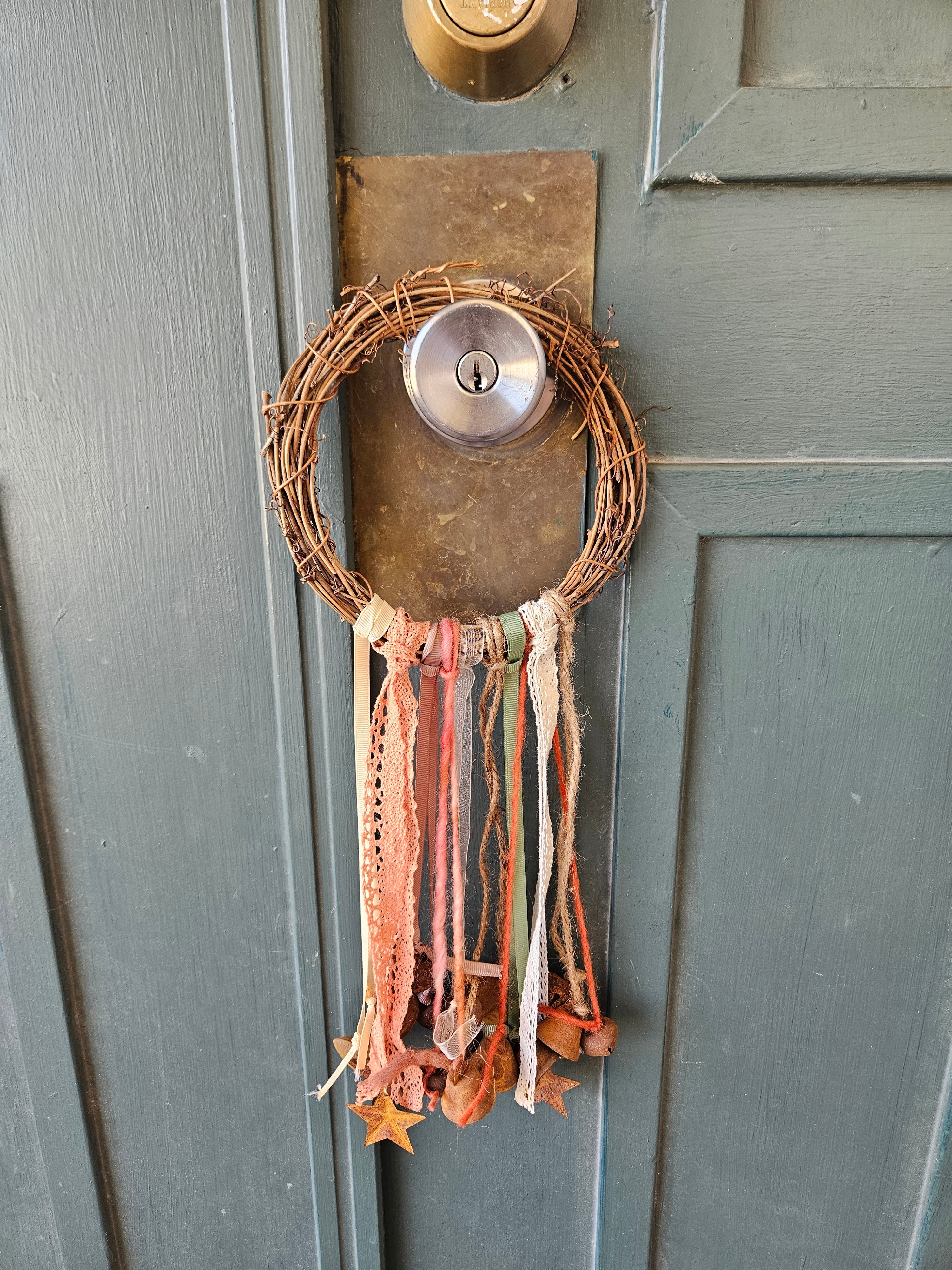 Witch Bells – Rustic Twig Wreath Charm with Ribbons &amp; Primitive Stars  Protection Decor  Door Hanger  Pagan Home Blessing