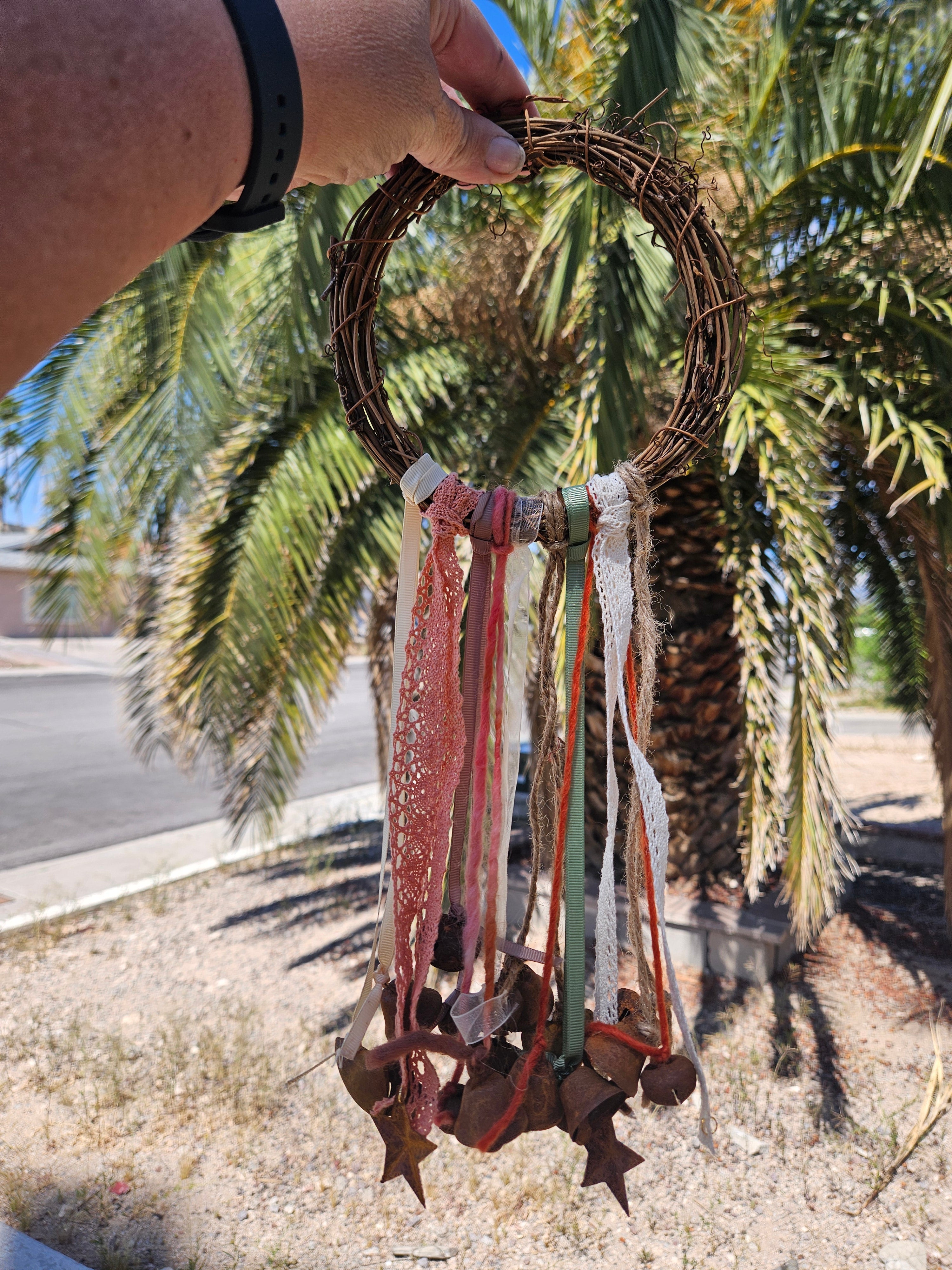 Witch Bells – Rustic Twig Wreath Charm with Ribbons &amp; Primitive Stars  Protection Decor  Door Hanger  Pagan Home Blessing