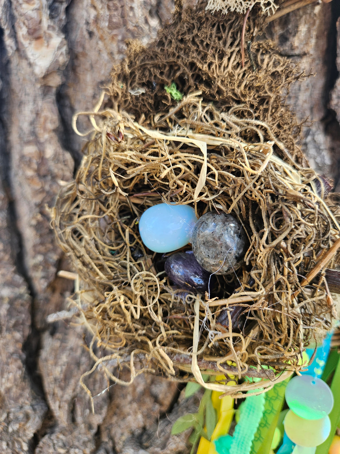 Handmade Witch Bells with Gemstone Eggs, Nature Wreath Charm, Cottagecore Door Hanger