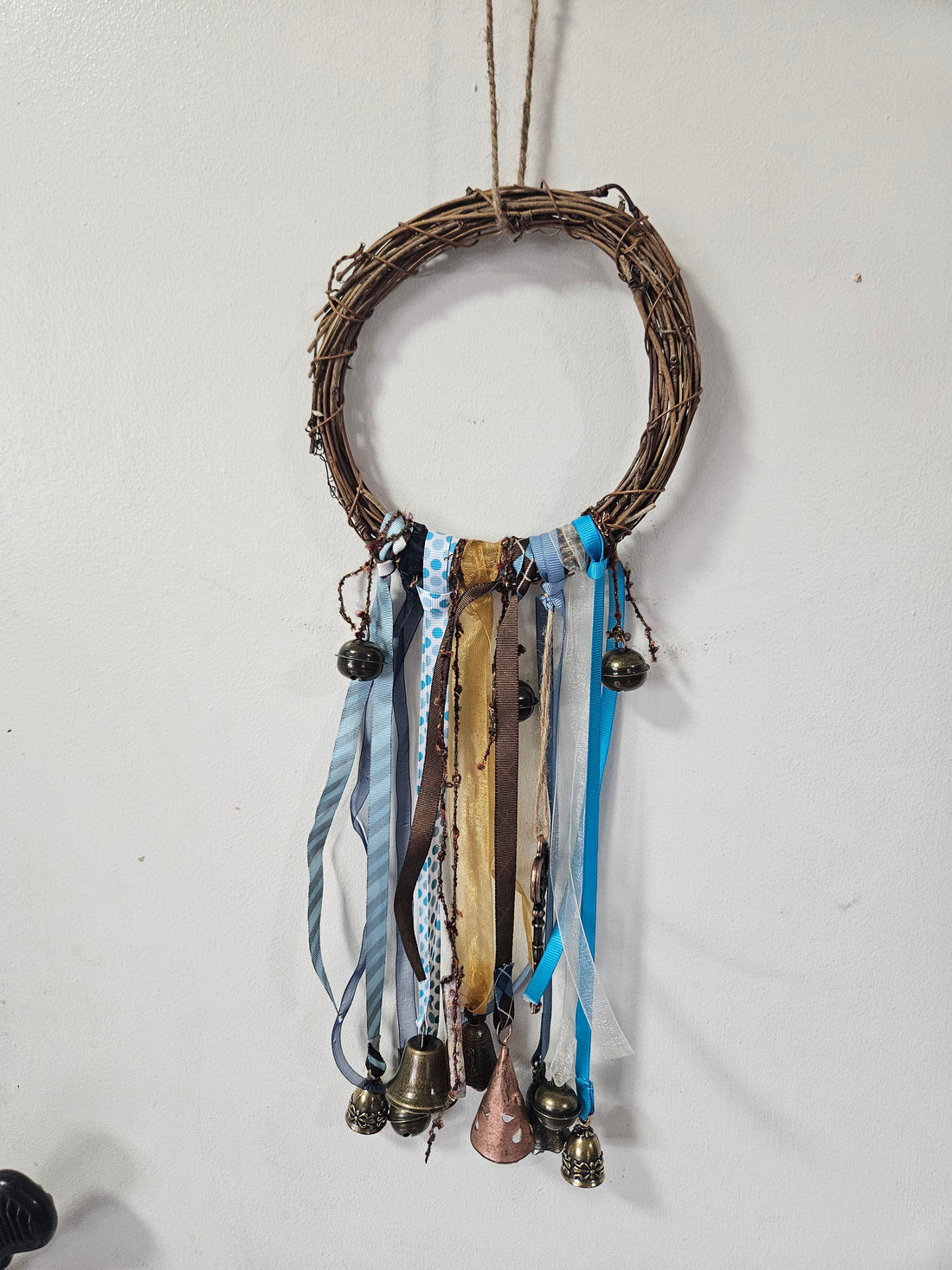 Witch Bells with Vintage Key Rustic Charms  Protection Wreath  Boho Pagan Decor