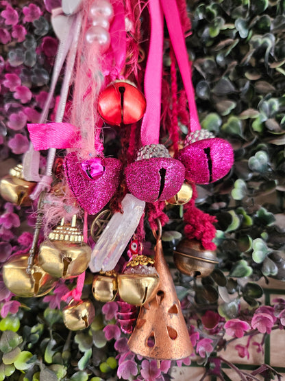Pink Witch Bells • Protection Charm • Door Hanger • Home Blessing Decor • Handmade Boho Witchcraft Ornament • Good Energy House Gift