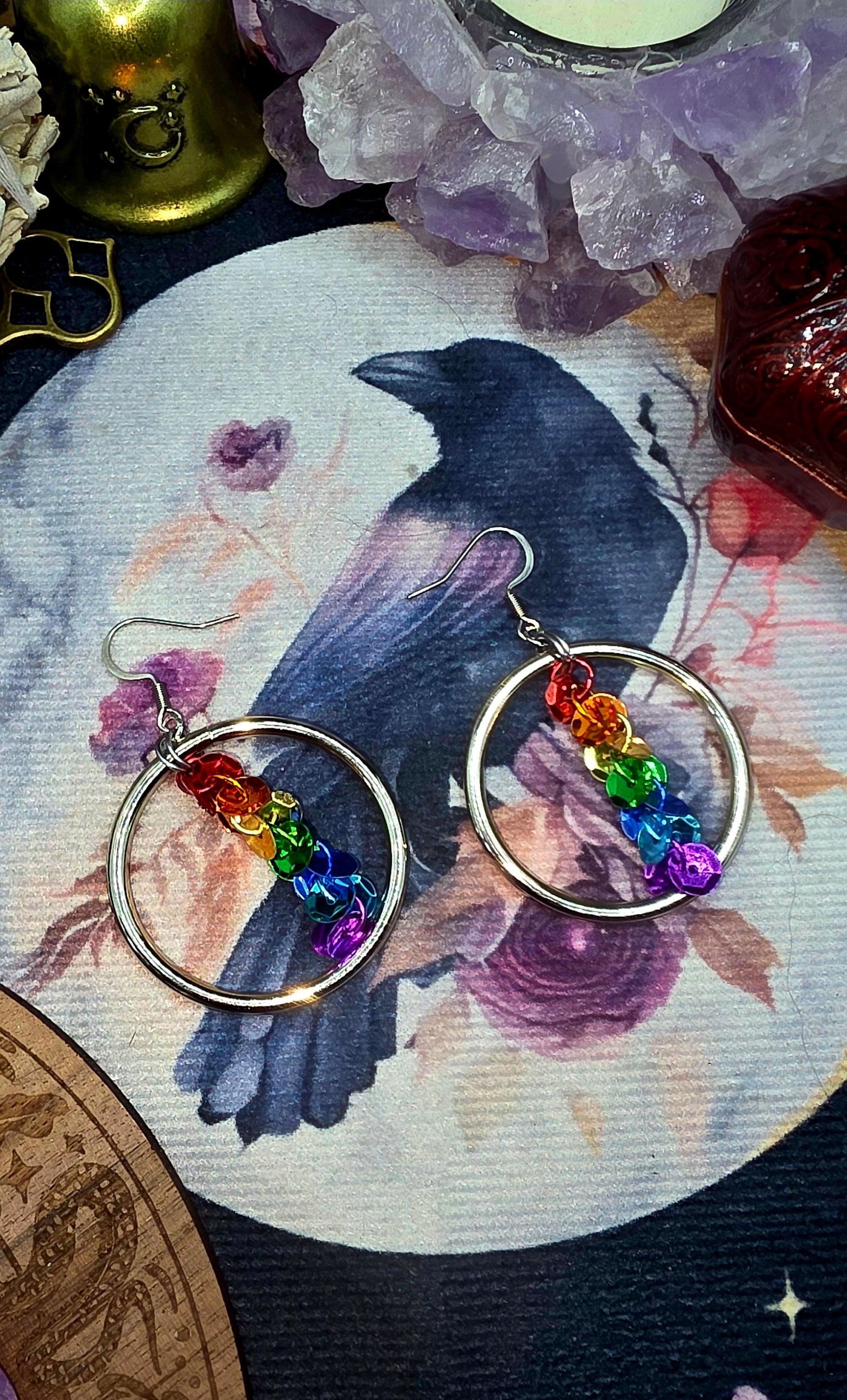 Rainbow Sequin Silver Hoop Earrings
