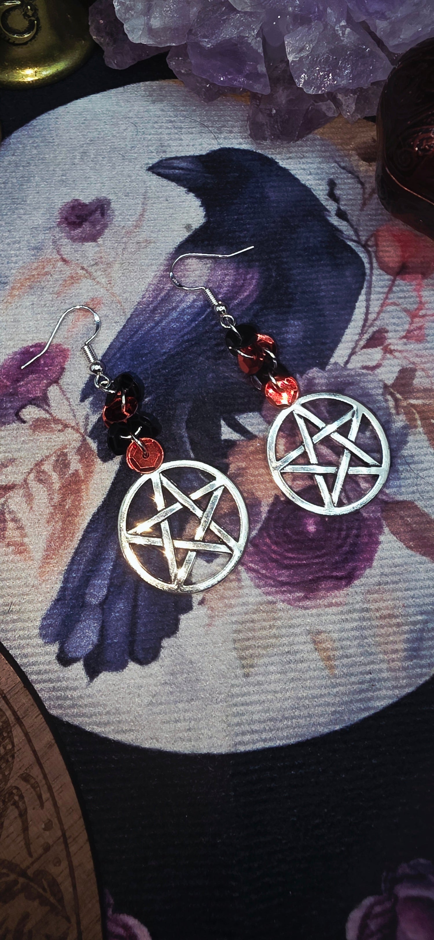 Mystic Red &amp; Black Sequin Pentacle Earrings