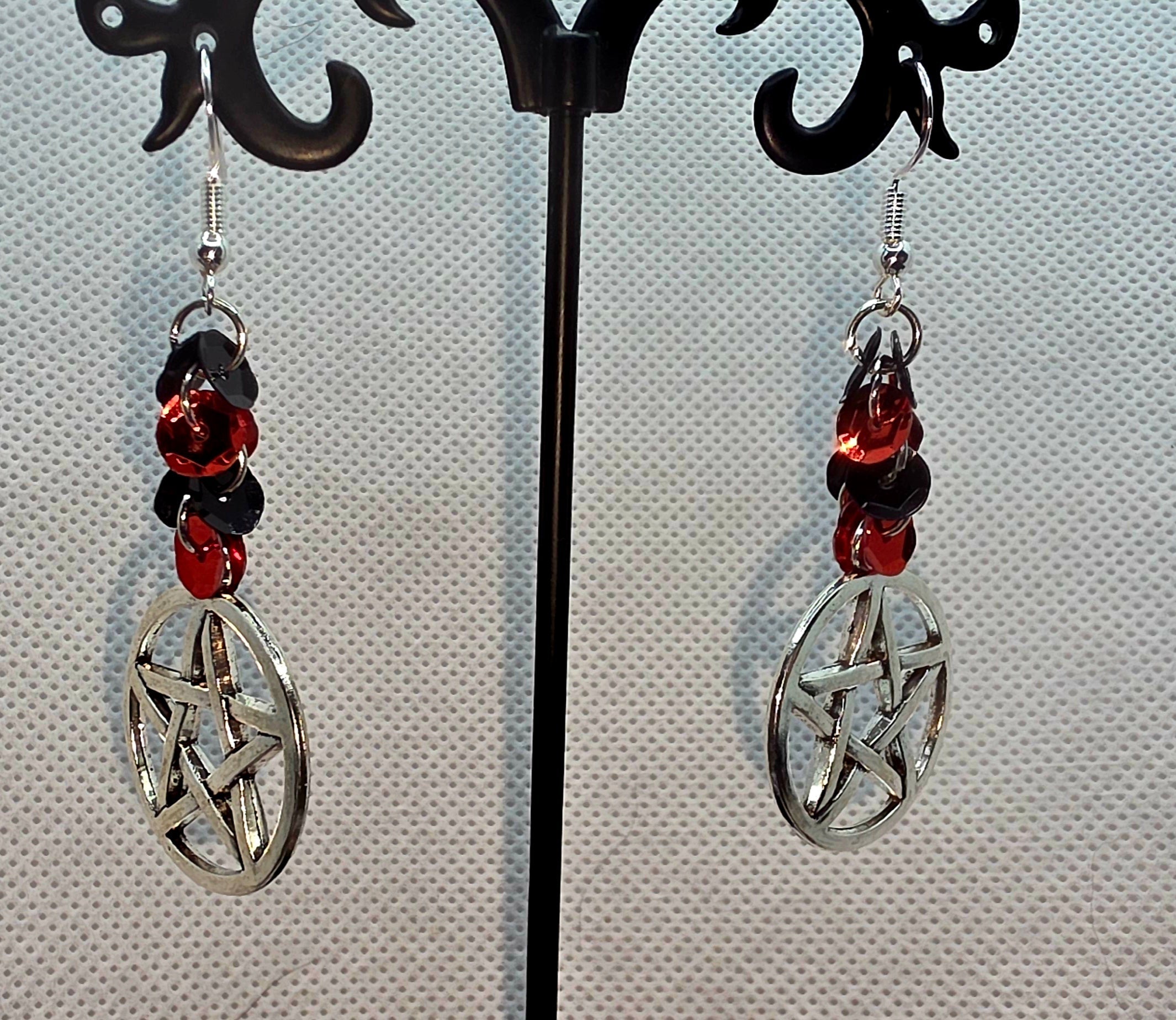 Mystic Red &amp; Black Sequin Pentacle Earrings