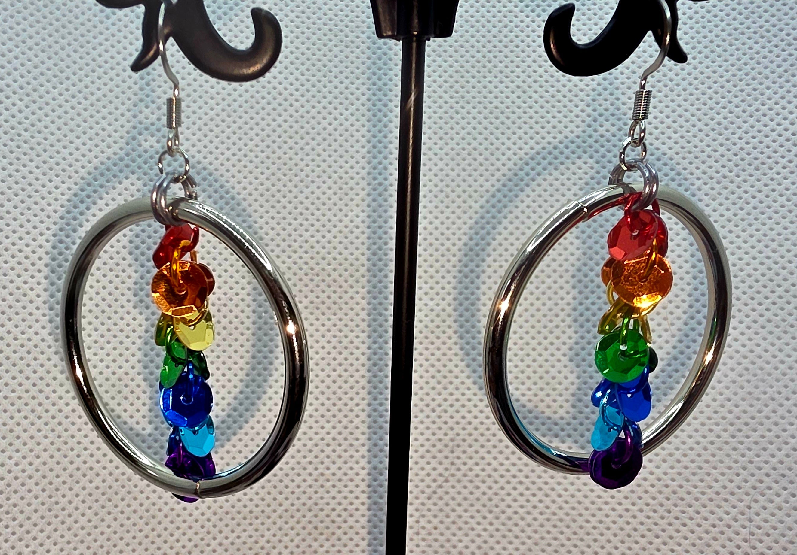 Rainbow Sequin Silver Hoop Earrings