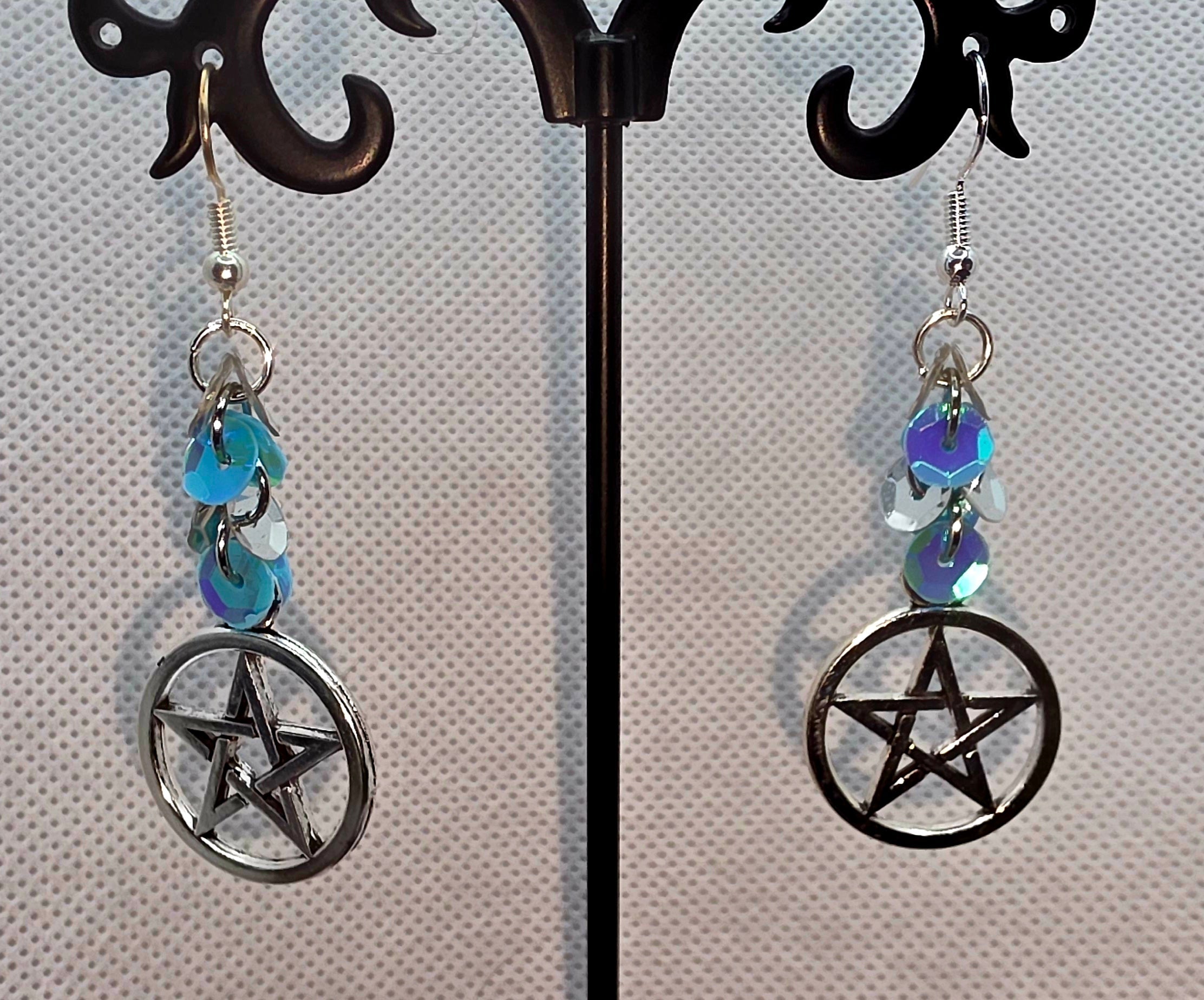 Mystic Blue Sequin Pentacle Earrings