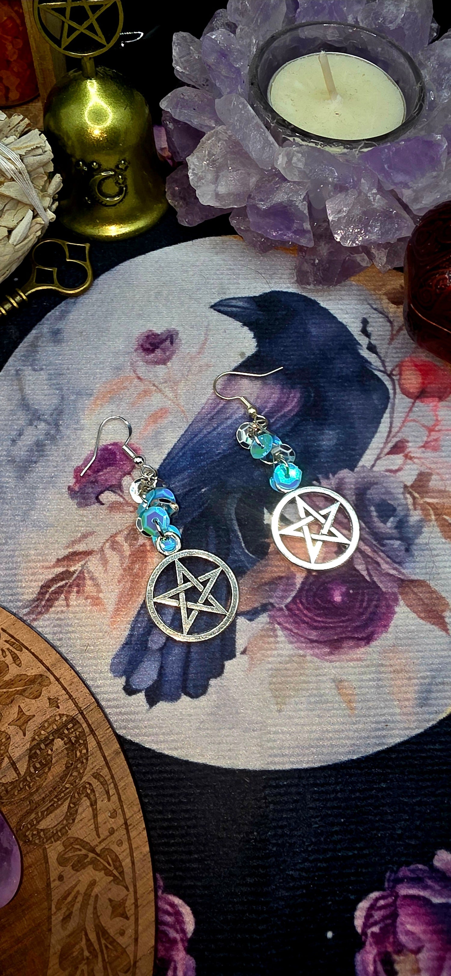 Mystic Blue Sequin Pentacle Earrings