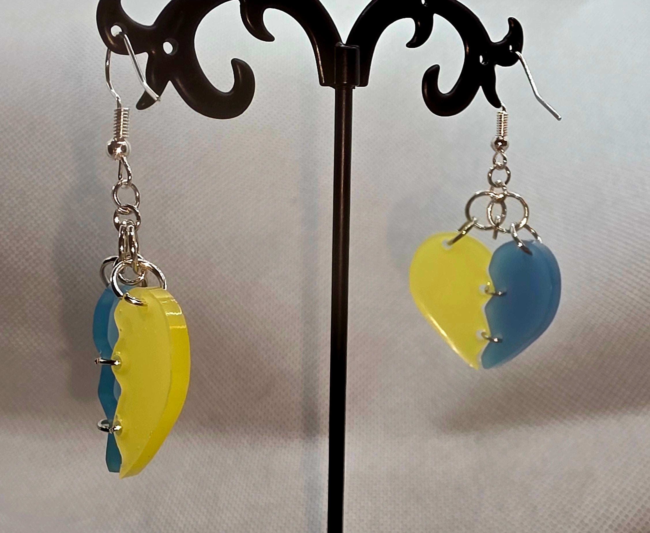 Stitched Resin Heart Earrings - Blue &amp; Yellow