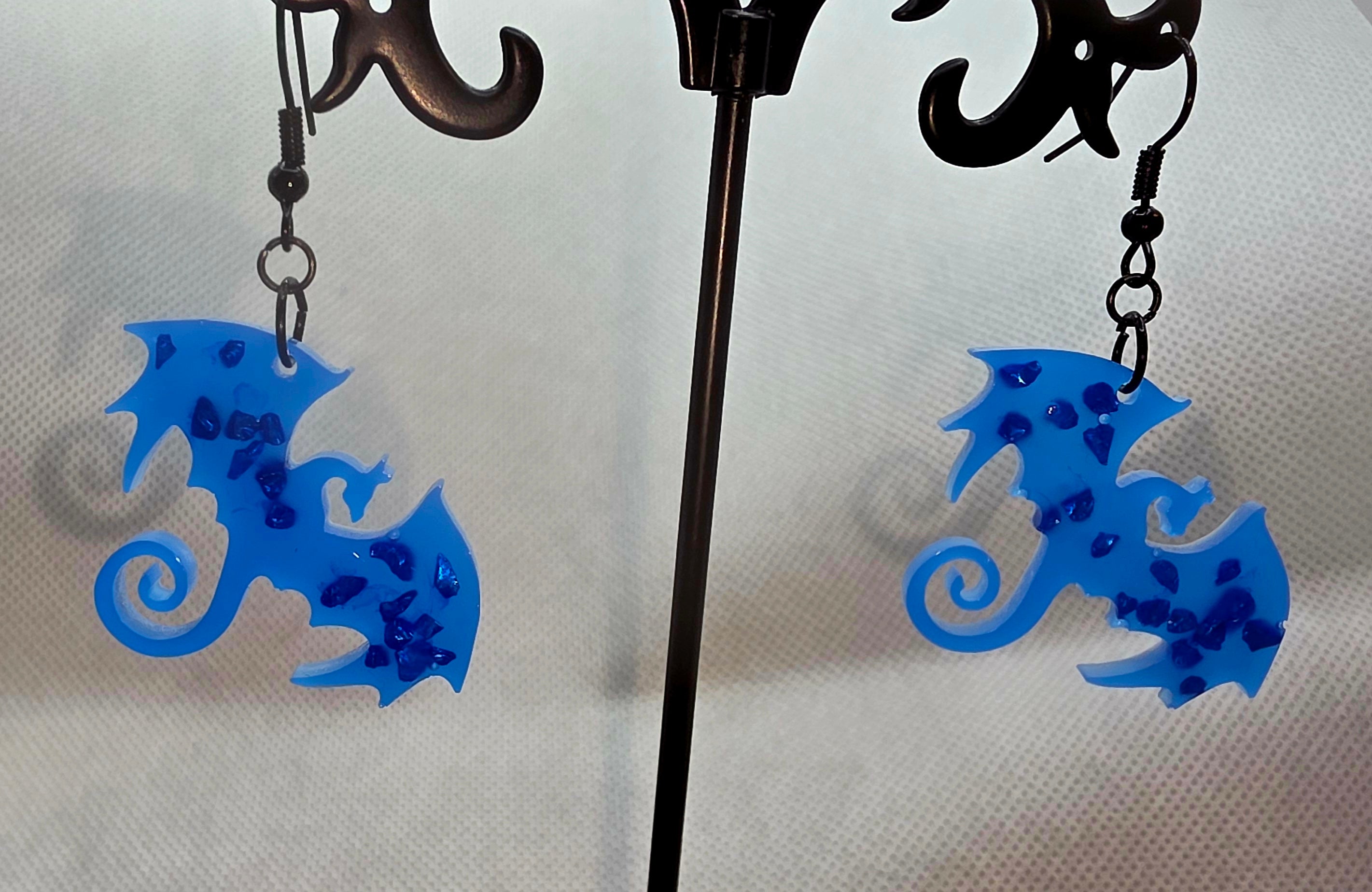 Blue Sparkly Dragon Earrings