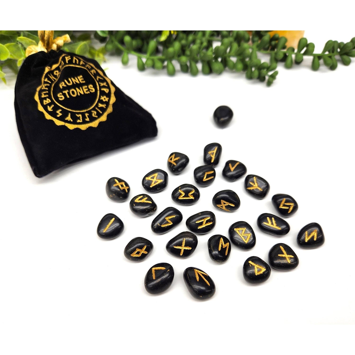 Black Agate Rune Set – 24 Engraved Gemstone Runes + Blank, Info Sheet &amp; Pouch