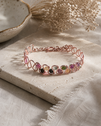 Wavy Copper Wire Wrapped Bracelet with Tourmaline crystals